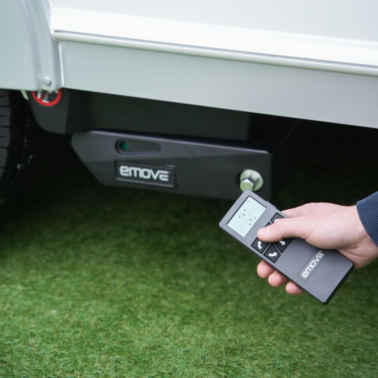 Side view of a motor mover installed on a caravan